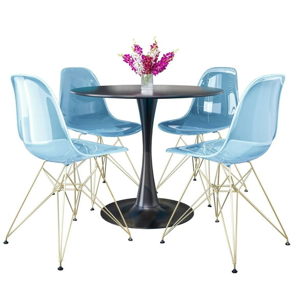 LeisureMod 5-Piece Dining Set with 35" Round MDF Top Table with Black Iron Base and 4 ABS Plastic Side Chair with Gold Eiffel Design for Modern Home Bristol Collection in Transparent Blue