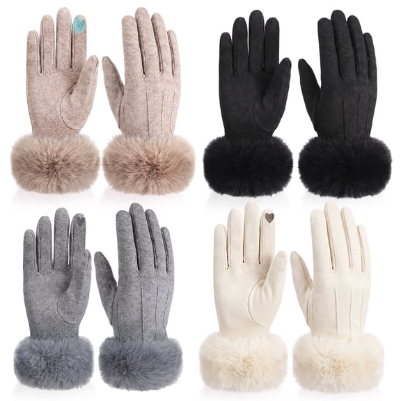 Bocaoying 4-Pack Women's Thickened Winter Touchscreen Gloves, Fleece Lined Thermal Gloves with Faux Fur Cuff, Soft Windproof Cold Weather Gloves for for Christmas Gifts