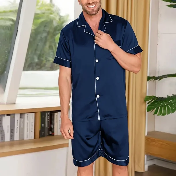 Conjunto de pijama de manga corta para hombre, camisa con botones y pantalones cortos, ropa de dormir para el hogar, Verano