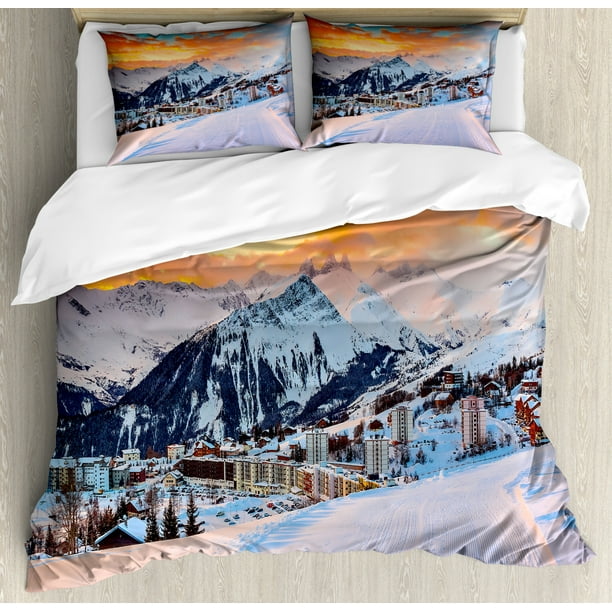 Farmhouse Decor King Size Duvet Cover Set Majestic Winter Scenery Over High Mountain Peaks With Dusk Color Sky Decorative 3 Piece Bedding 2 Pillow Shams Orange White By Ambesonne - Mountain Themed Toddler Bedding Farmhouse Decor King Size Duvet Cover Set Majestic Winter Scenery Over High Mountain Peaks With Dusk Color Sky Decorative 3 Piece Bedding 2 Pillow Shams Orange White By Ambesonne - Mountain Themed Toddler Bedding