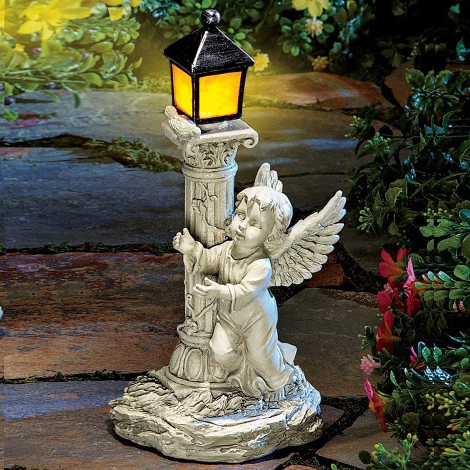 1 Pcs Angel Statue with Solar Light, Solar Cherub Angel Garden Statue with Roma Pillar for Garden Decor, Porch, Patio, Yard Art Decorations, Polyresin Birthday Gift 7.6"
