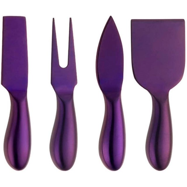4 Pieces Stainless Steel Cheese Knives Set, Stainless Steel Cheese Knives,Cheese Cutter , Cheese Slicer, Cheese Fork -Purple