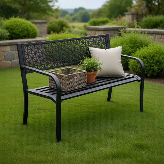 Spaco 50 Inch Metal Patio Garden Bench, 2-3 Person Loveseat with Decorative Pattern Backrest & Curved Armrests, Black