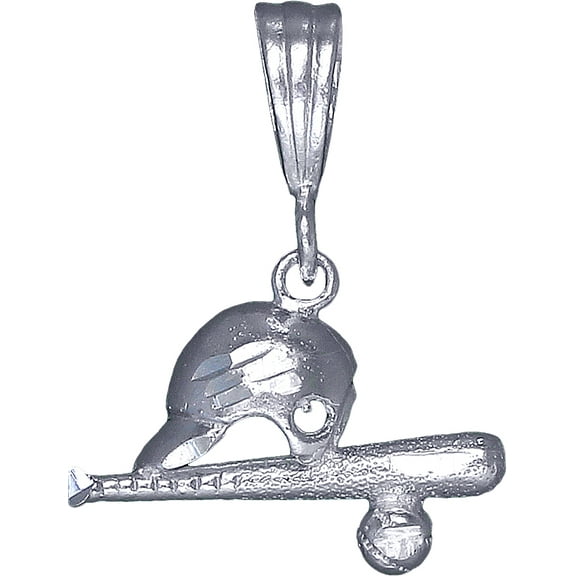 Sterling Silver Baseball Helmet and Bat Charm Pendant Necklace with Diamond Cut Finish and 24 Inch Figaro Chain