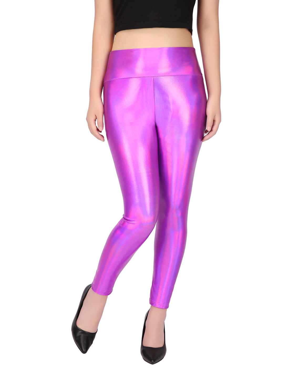 HDE Women's Shiny Holographic Leggings Liquid Metallic Pants Iridescent ...