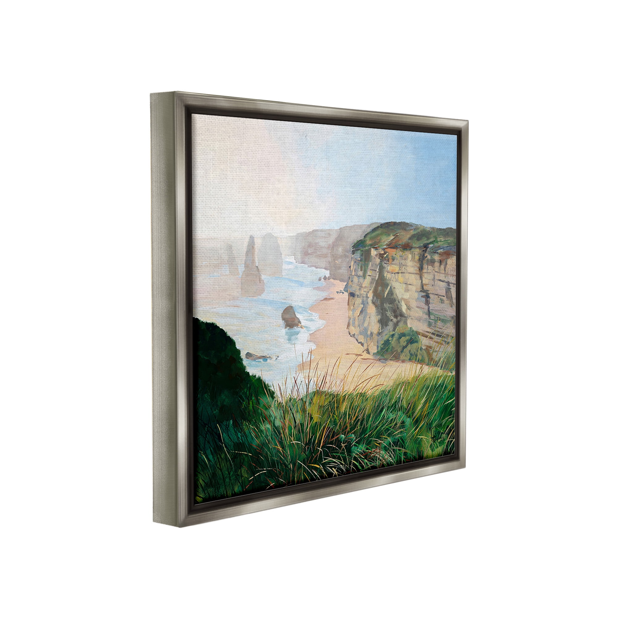 Stupell Industries Nautical Beach Cove Landscape Painting Gray Floater Framed Canvas Art Print Wall Art, 18 x 18
