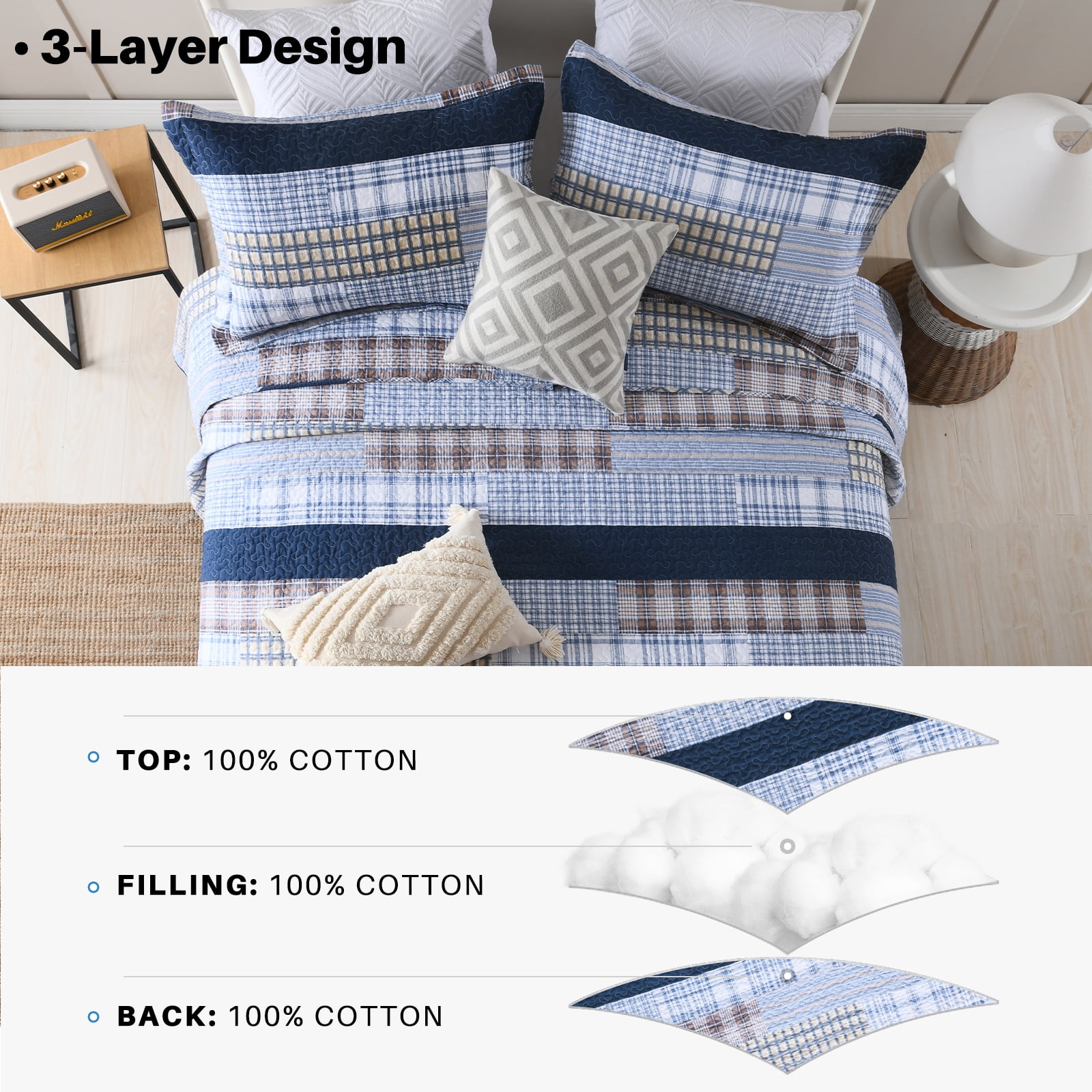 Bedduvit Navy Blue Cotton Quilt Queen - 100% Cotton Patchwork Plaid Striped Quilts for Queen Beds, Lightweight Reversible Modern Farmhouse Bedspread Quilt Set, 3-Piece All-Season Quilt Bedding Set