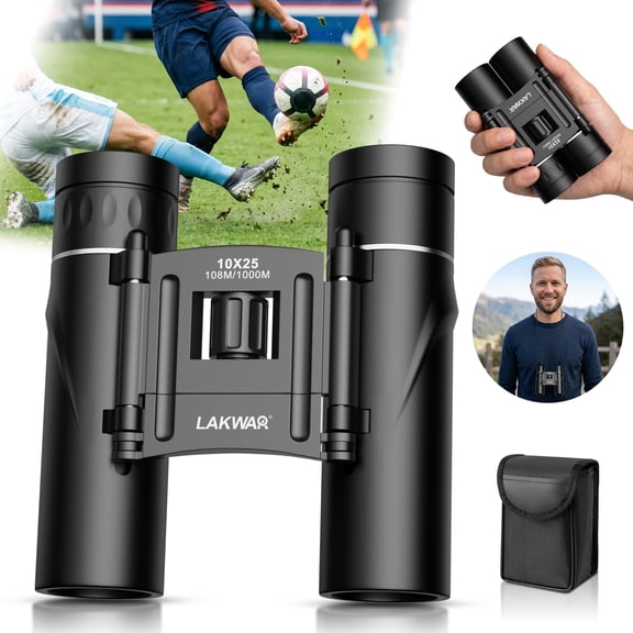 LAKWAR Binoculars for Adult and Kids, 10X25 Compact Folding Binoculars for World Cup Bird Watching Traveling Hunting Waterproof/Fogproof/Shockproof Binoculars,Black