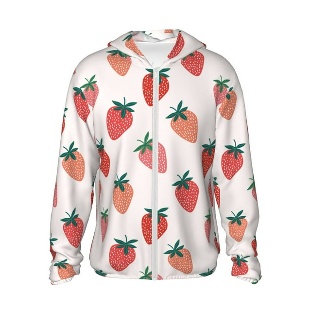 Saiise Hand Drawn Strawberry Pattern Sun Protection Hoodie for Men and Women, Lightweight Quick-Dry Windproof with Hood and Zip-XX-Large
