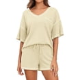 thumbnail image 1 of Ketyyh-chn99 Ensembles Deux Pièces pour Femmes Shorts en Lin Femmes Manches Courtes Col Rond Pyjama Tenue de Nuit Ensemble 2 Pcs Beige,m, 1 of 4