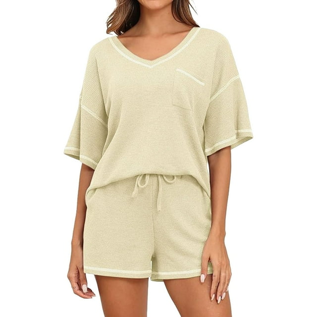 Ketyyh-chn99 Ensembles Deux Pièces pour Femmes Shorts en Lin Femmes Manches Courtes Col Rond Pyjama Tenue de Nuit Ensemble 2 Pcs Beige,m