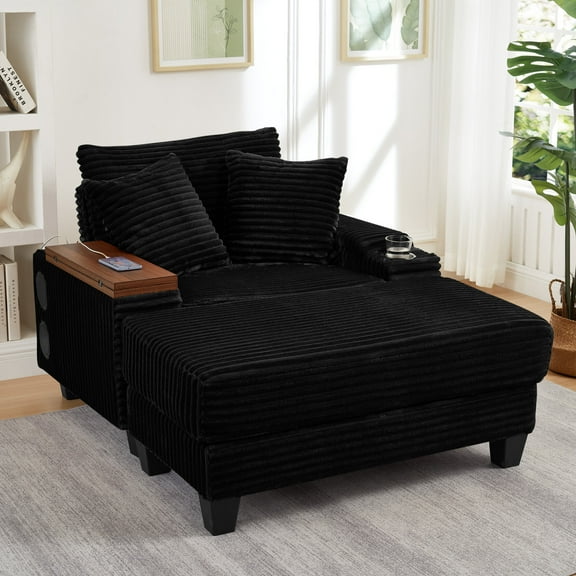 Chaise Lounge Chair Indoor with 180°Rotating Table and USB Ports, Corduroy Sleeper Sofa Bed with Bluetooth Speaker and Cup Holder for Living Room, Black