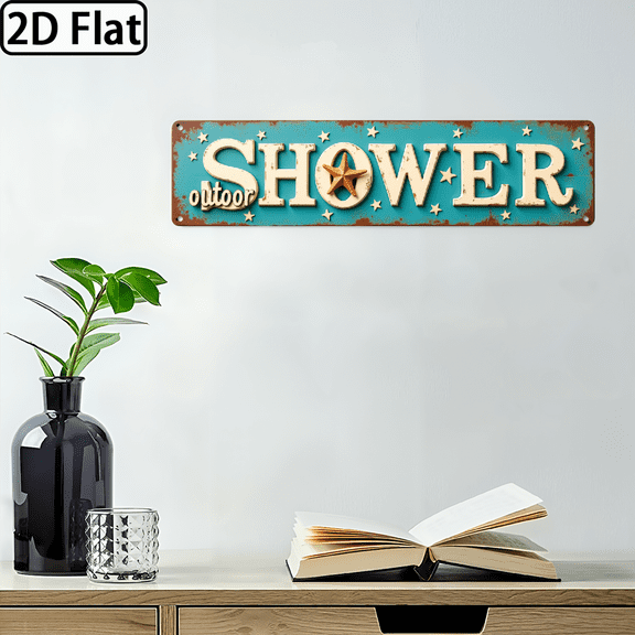 2D Flat, Single Piece, Rustic Outdoor Shower Sign, Beach-Themed Wall Decoration, IndoorOutdoor Wall Hanging, Rustic Style Decor for Bathroom, Patio, Beach House, Poolside, Decorative Sign, Measu