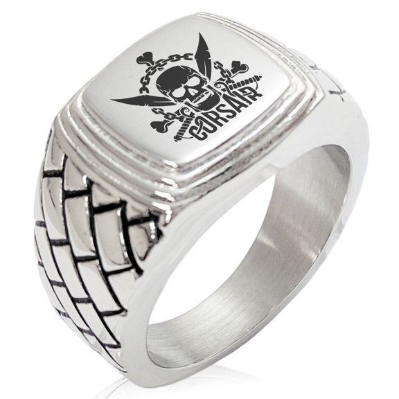 Tioneer Stainless Steel Corsair Pirate Skull Emblem Geometric Pattern Step-Down Biker Style Polished Ring