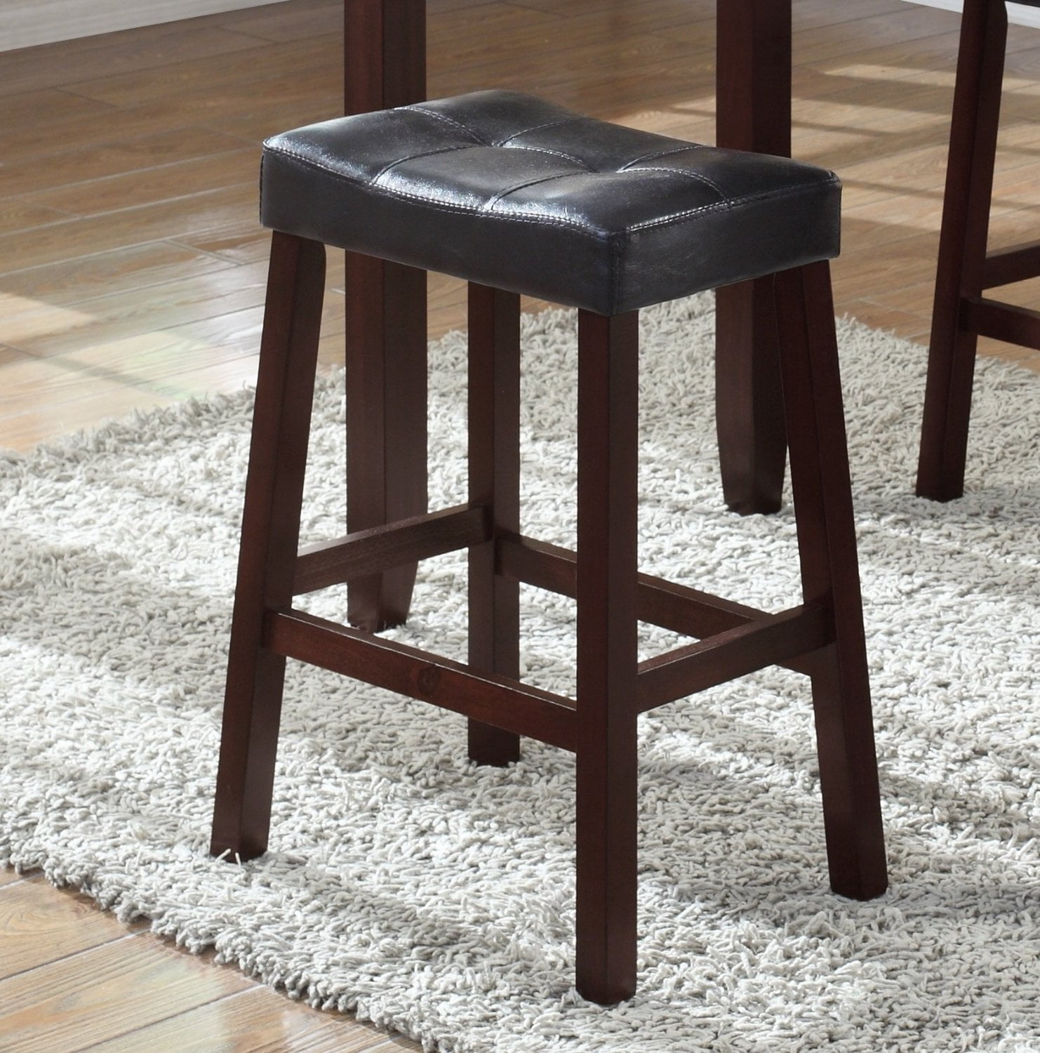 3 - Piece Bar Set with Dark Brown Blended - Leather Stools and Espresso - Finish Wood Table for Home Use