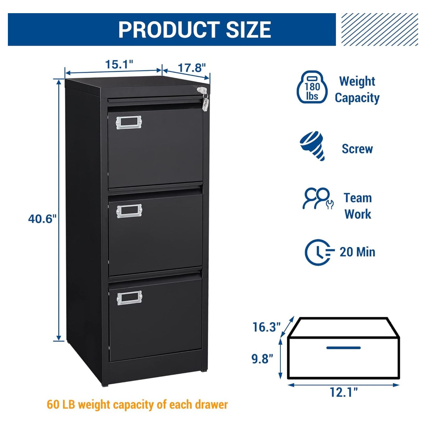 Vertical File Cabinets - 3 Drawers 17.8" Deep Lockable Filing Cabinet - Metal Storage Cabinets for Home Office to Hanging Files Letter/Legal/F4/A4 Size 3 Drawres Black