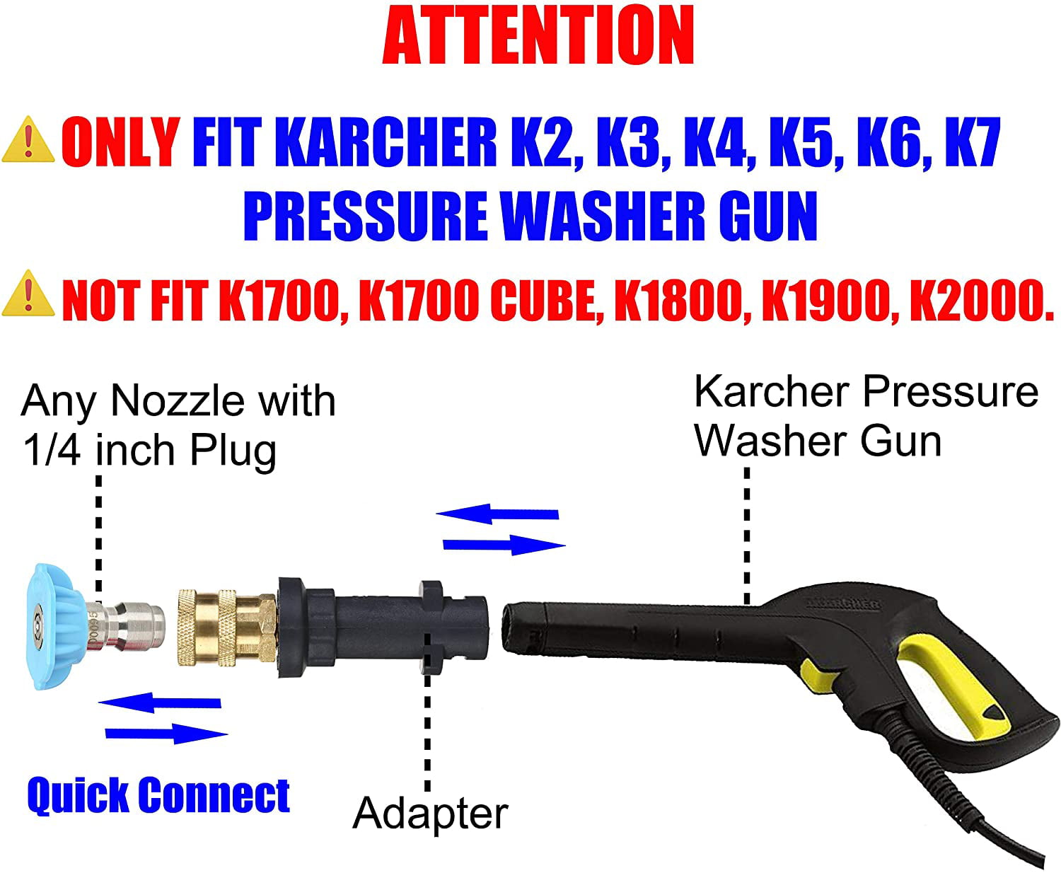 CLOUDITY Adaptateur de pistolet nettoyeur haute pression avec raccord rapide 1/4 et 5 buses de pulvérisation pour nettoyeur haute pression compatibles avec Karcher K2 K3 K4 K5 K6 K7 