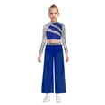 thumbnail image 6 of Aislor Girls 2 Piece Dance Outfits Sparkly Sequin Rhinestone Crop Top with Split Sides Flowy Pants Set Blue 6, 6 of 7