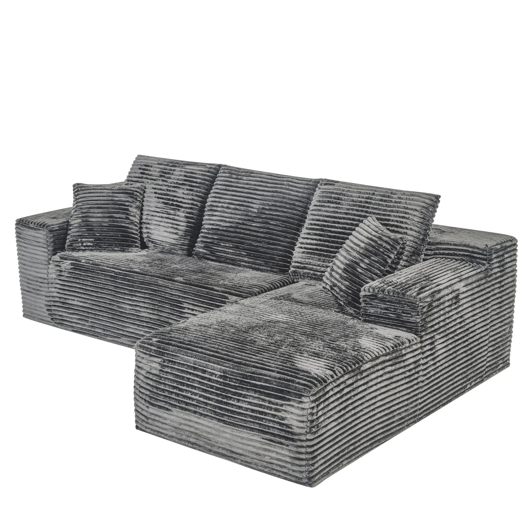 AISWORD 107.5" Corduroy Boneless L Shaped Modular Sectional Sofa with Right Facing Chaise, Deep Seat Compressed Couch with Throw Pillows, No Assembly Required, Gray