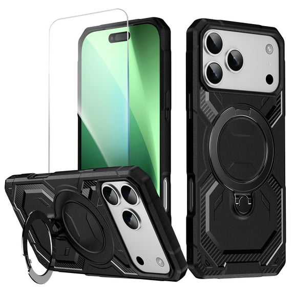 Allytechgroup Case for iPhone 17 Pro Max with Ring Holder, Built-in Screen Protection & Kickstand Compatible with Magsafe Shockproof Magnrtic Back Cover for iPhone 17 Pro Max, Black