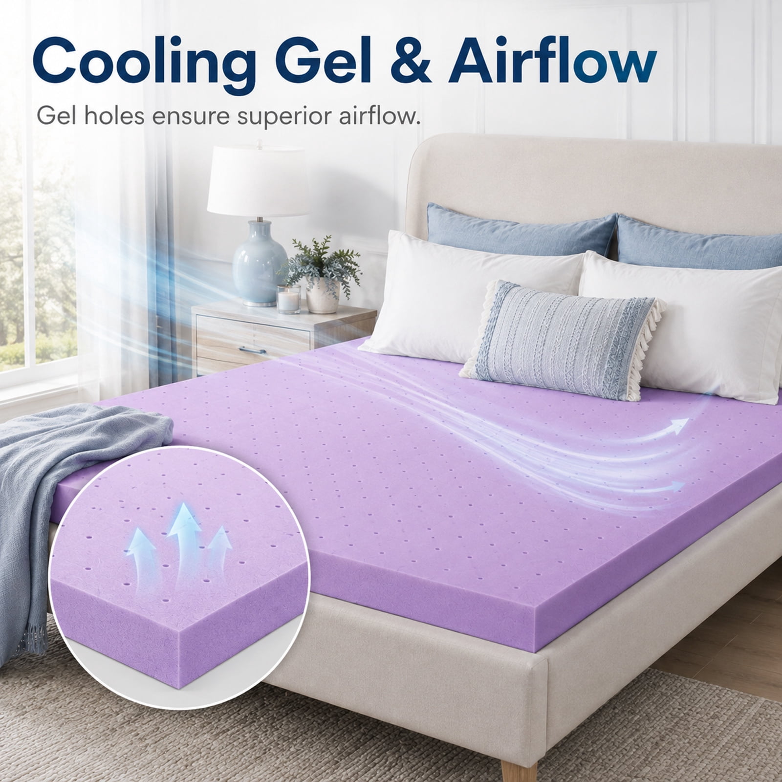 Alvantor 3 Inch Cooling Gel Memory Foam Mattress Topper Pressure Relief Pad, Ventilated Design Bed Topper, Purple