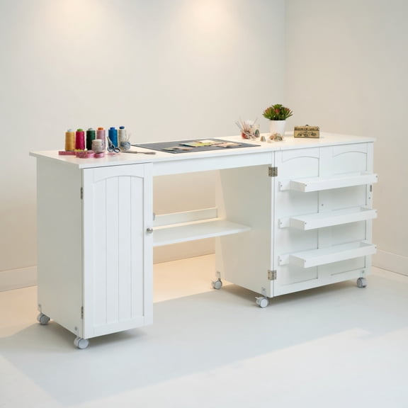 Demi Bonn Folding Sewing Table Shelves Storage Cabinet Craft Cart with Wheels, Small Home Office Desk Study Writing Table, White
