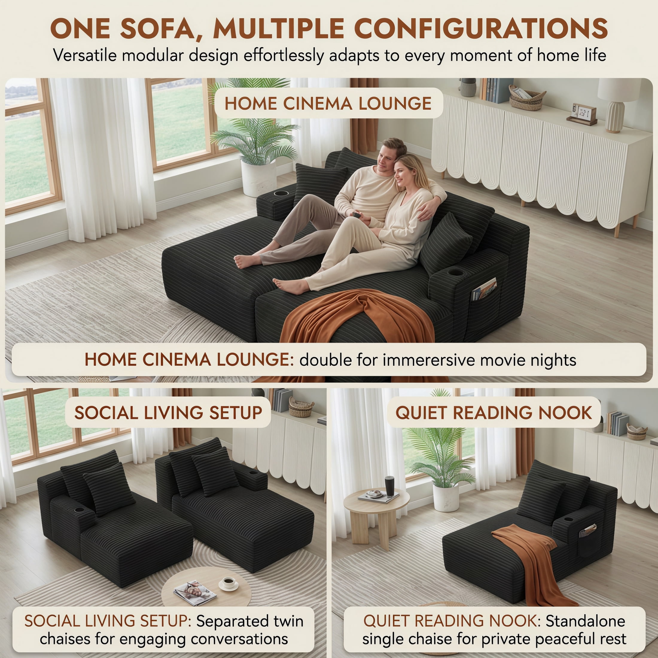 Modular Double Chaise Lounge Chair Indoor, 71" Wide Striped Corduroy Couch Set with Cup Holders & Storage Pockets for Living Room Home Theater, Black