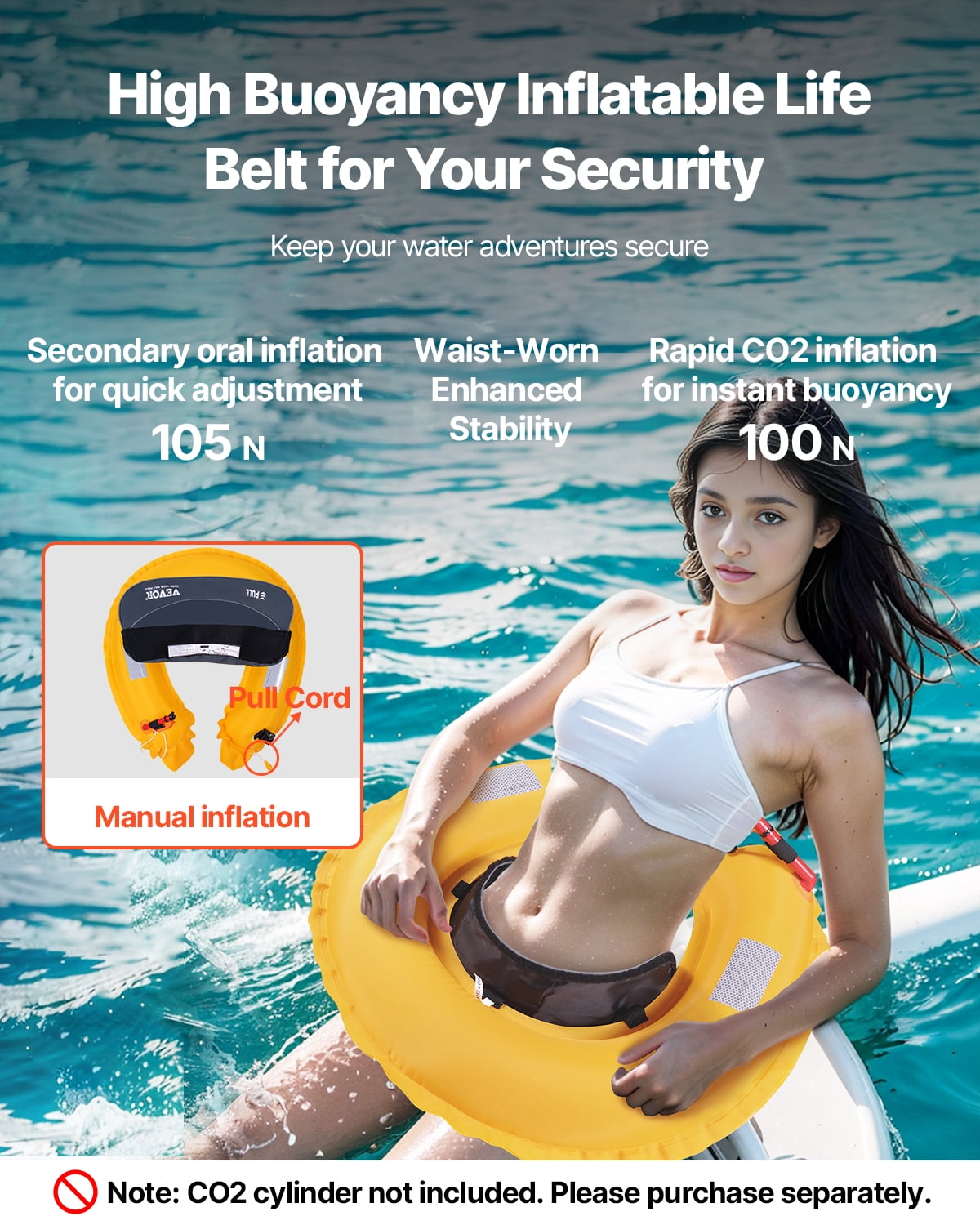 VEVOR Manual Inflatable Belt Pack for Adults, 105N Buoyancy, Over 80 Pounds and Up to 59 in Waist Adjustable, Inflatable PFD Waist for SUP Paddelboarding, Kayaking, Gray (CO2 Cylinder Not Included)