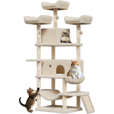 68 Inches Multi-Level Large Cat Tree for Large Kitties/Big Cat Tower with Condo/Cozy Plush Pussycat Perches/Sisal Scratching Posts and Hammocks/Activity Center/Beige