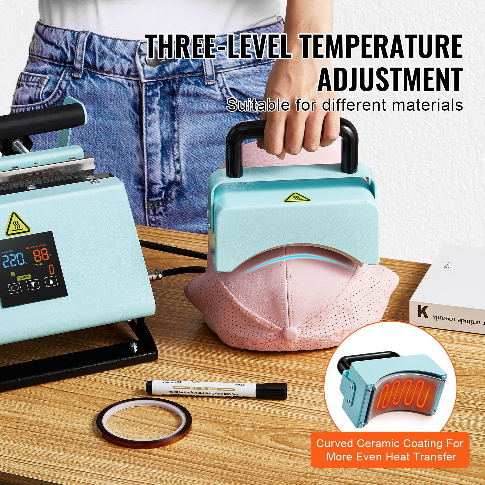 2-In-1 hat hot press and cup press, mini cap press for hats/hats, 11-30oz sublimation roller press, digital temperature and time control, green