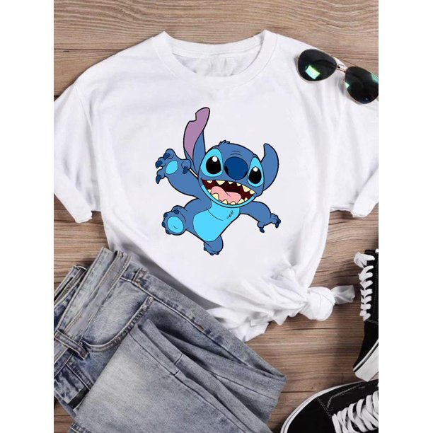 Disney Watercolor Lovely Style Short Sleeve Women Print Clothing Stitch Casual Tee Shirt Fashion Cartoon Graphic T-shirts4XL Gao Jinjia LED