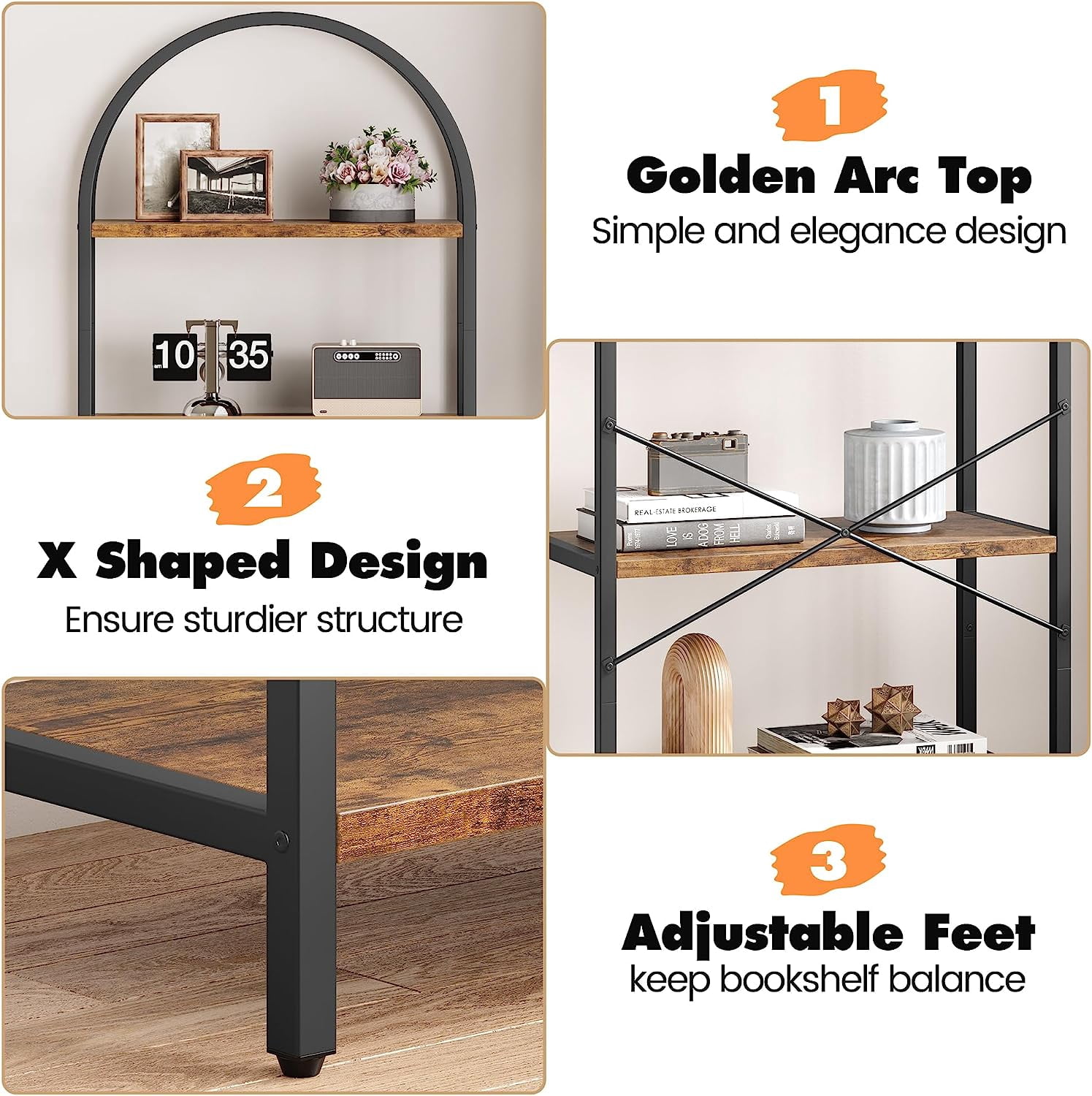 IdealHouse Arched 5-Tier Bookshelf, Modern Bookcase with Gold Metal Frame, Tall Wood Storage Shelf for Living Room, Bedroom, Home Office, Easy Assembly, Brown