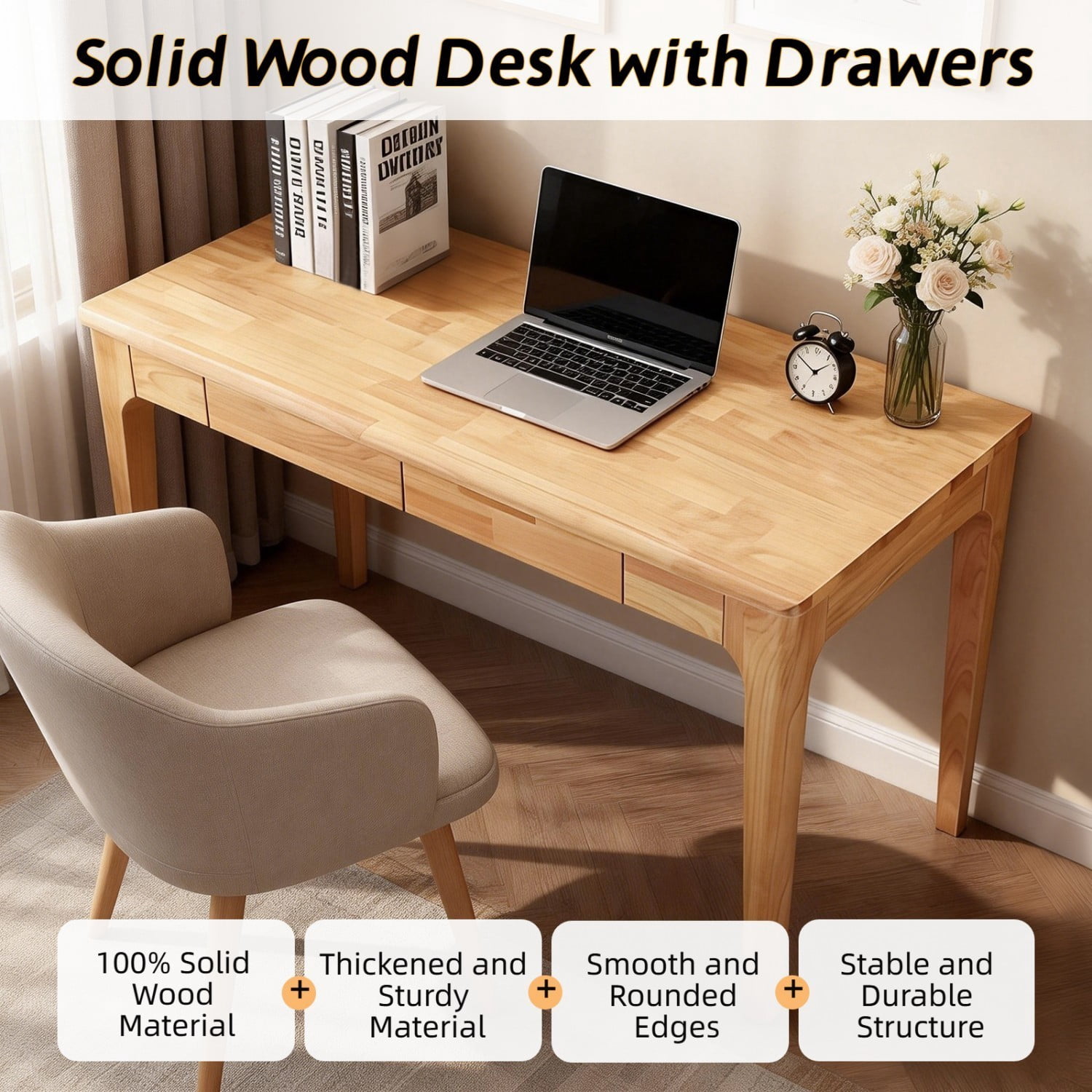 Solid Wood Desk with Drawers 47" Mid Century Modern Writing Desk Home Office Study Table for Bedroom Living Room, Wood