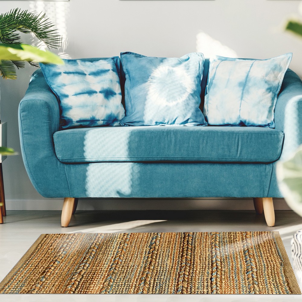 Ox Bay Braided Light Blue 5 ft. x 7 ft. Hand-Woven Natural Jute Area Rug