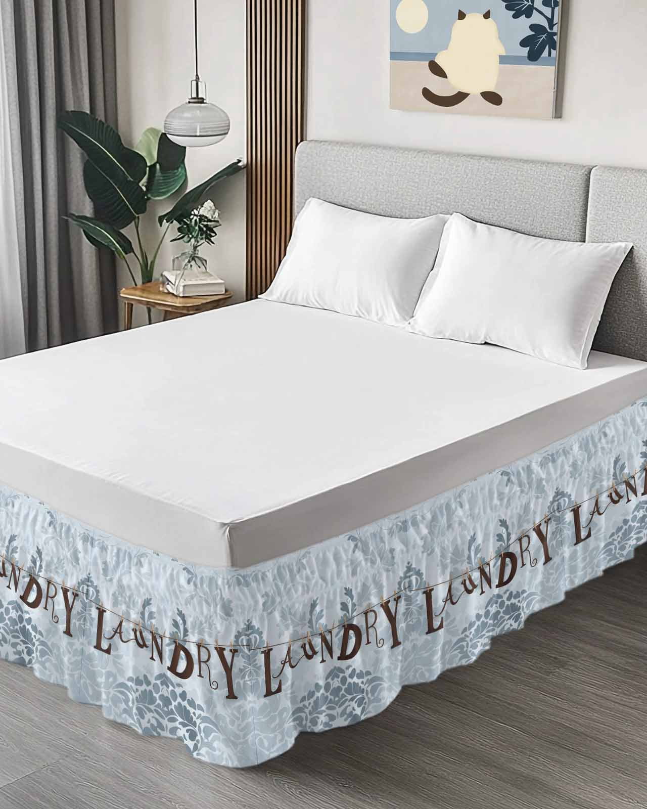 Laundry Bed Skirt Vintage Flower Country Style Bed Skirts Queen Size 16 Inch Drop, Wrap Around Dust Ruffle&nbsp;Bedskirt with Adjustable Elastic Belt for Queen Size Beds
