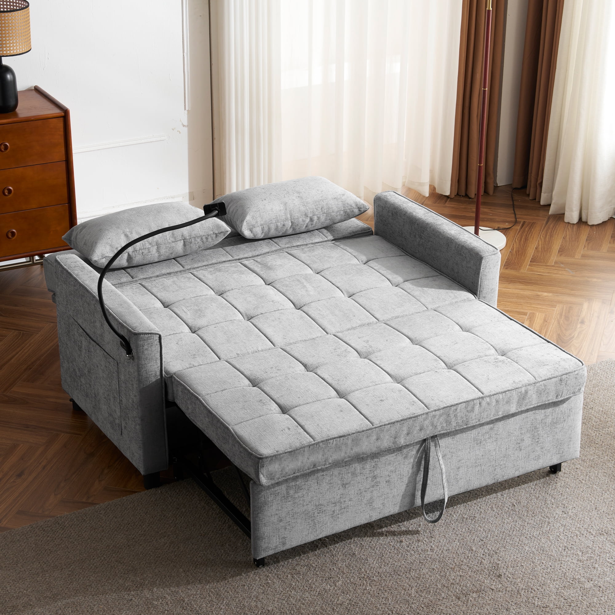 Euroco 56.9" Loveseat Sofa Pull-out Sofa Bed Sleeper Sofa with a Reversible Backrest Cushion, Side Pockets, Two USB Ports and a Phone Holder for Living Room