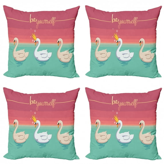 Saying Throw Pillow Cushion Case Pack of 4, Be Yourself Typography Aquatic Bird with a Crown on Lake Pattern, Modern Accent Double-Sided Print, 4 Sizes, Pale Ruby Seafoam, by Ambesonne