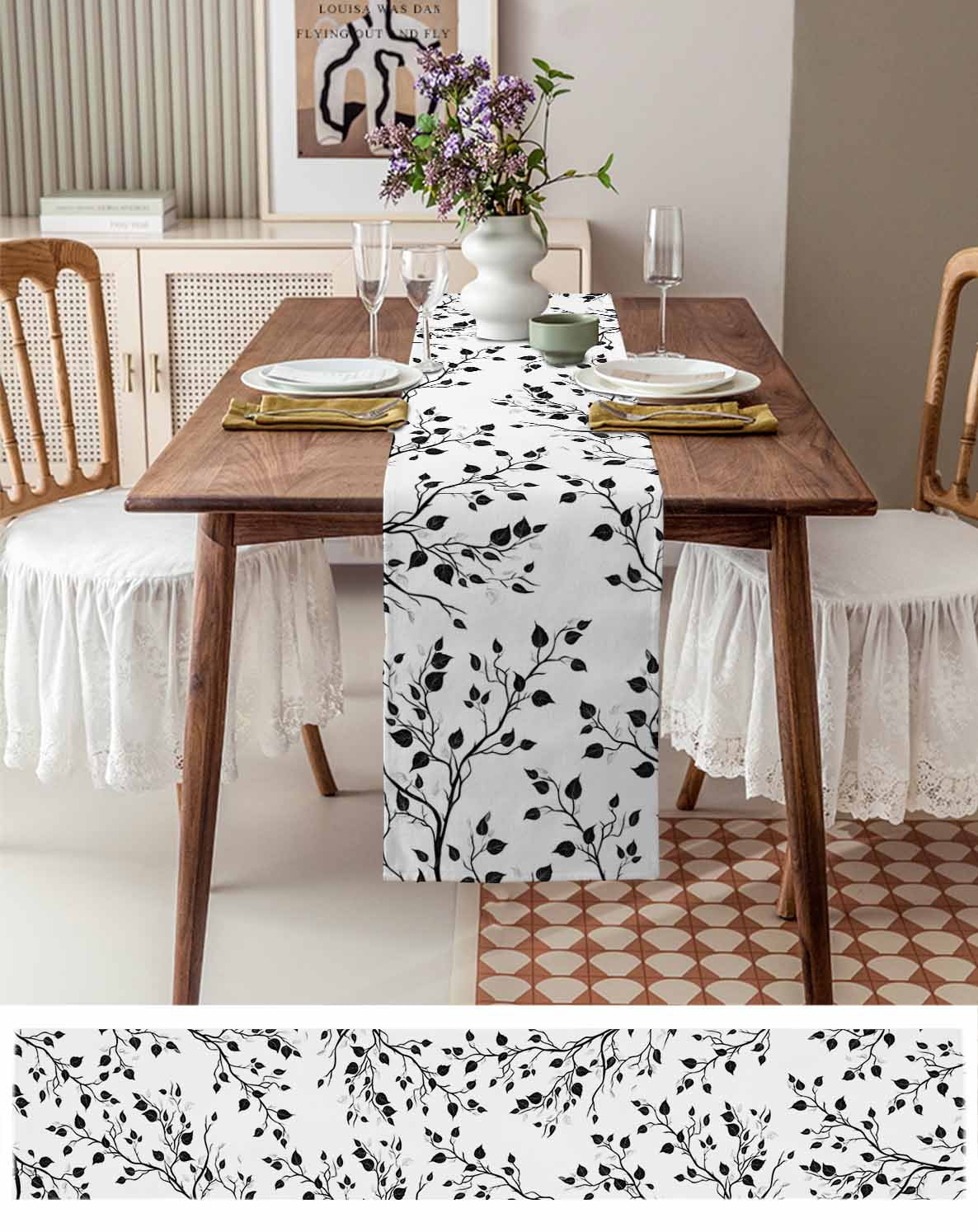 Black White Leaves Table Runner Minimalist Natural Trees Watercolor Tablerunners 13 x 90 Inch, Table Decorations Tabletop Scarf for Summer Gathering Holiday Farmhouse Kitchen Dining Decor