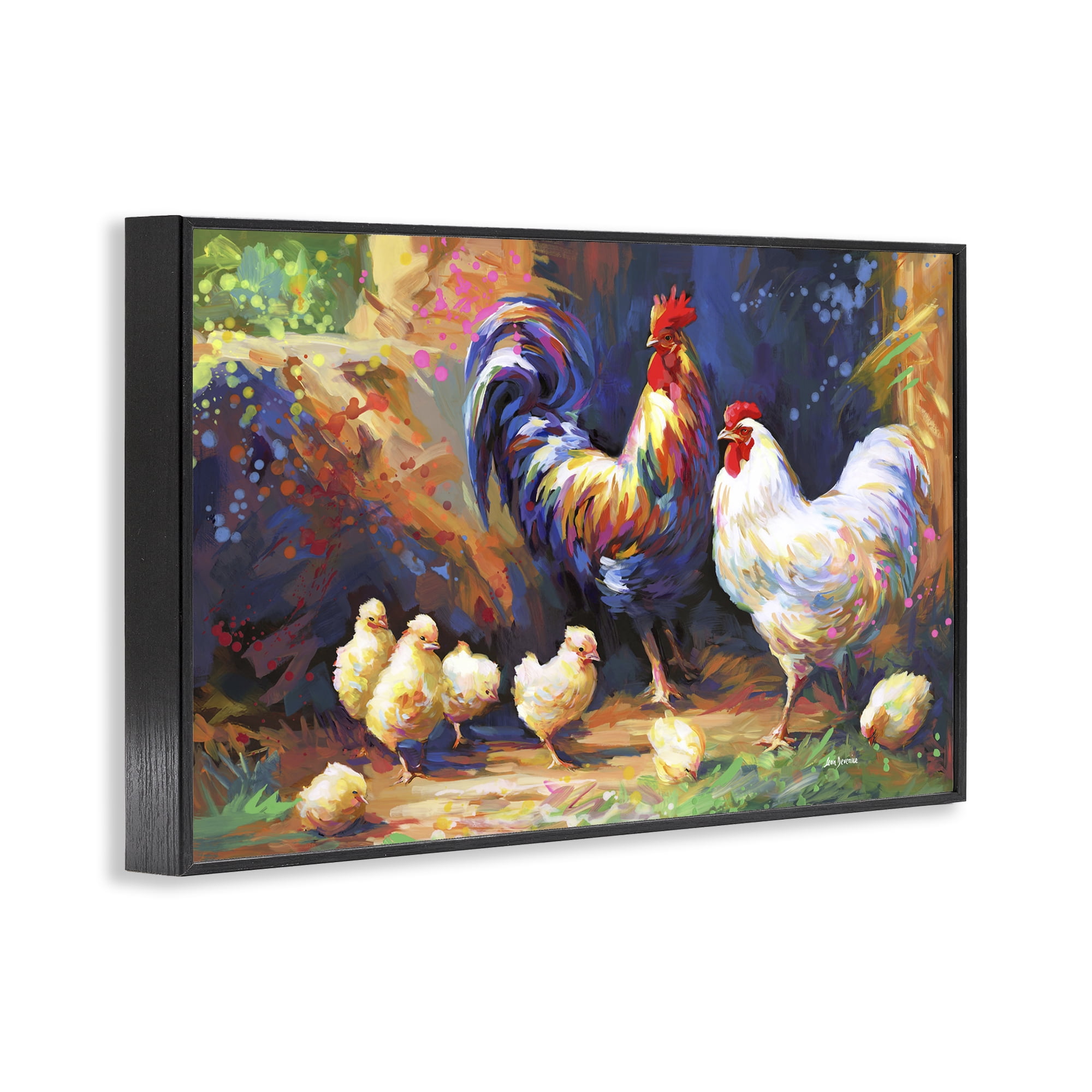 Stupell Industries Chicken Family Paint Splatter Animals & Insects Painting Black Framed Art Print Wall Art, 30 x 20