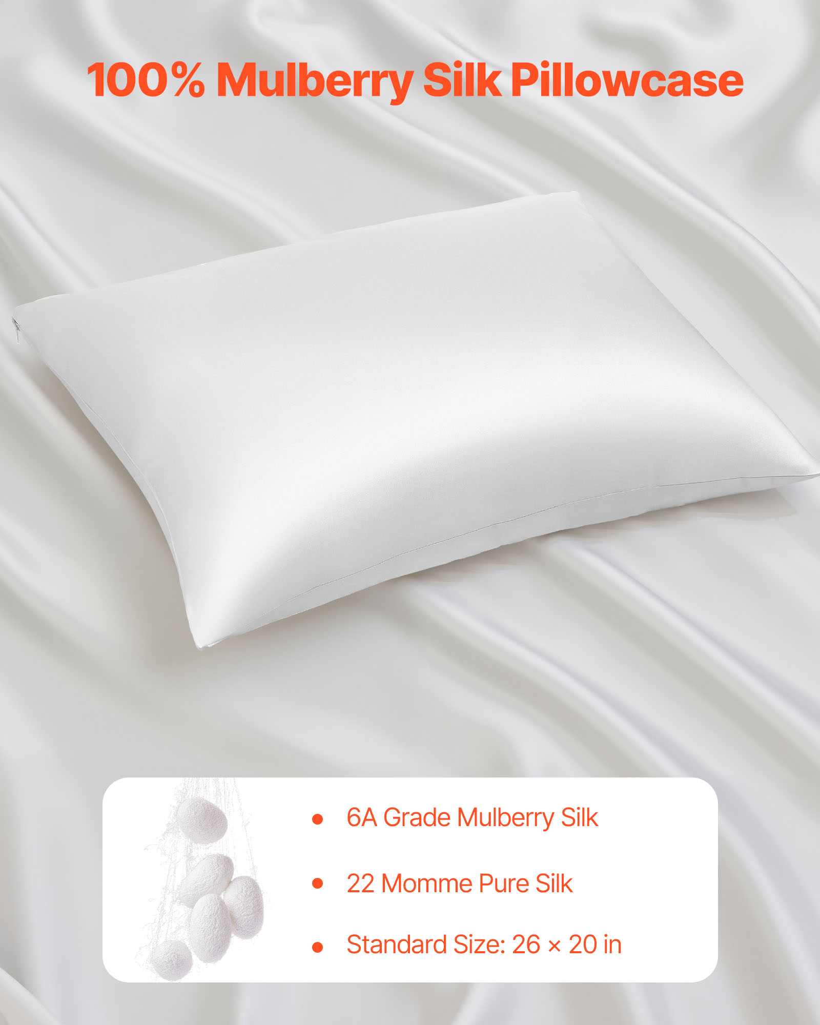 VEVOR Silk Pillowcase, 100% Pure Mulberry Silk Pillow Case, 26 in x 20 in Standard Silky Pillow Case for Hair and Skin, Smooth, Soft and Breathable Pillowcase with Hidden Zipper, for Sleeping