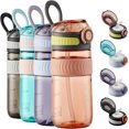 thumbnail image 1 of Botellas de agua para niños de 18 oz con tapa de paja y asa de transporte, botella de agua a prueba de fugas sin Bpa con botón pop para la escuela, naranja, 1 of 5