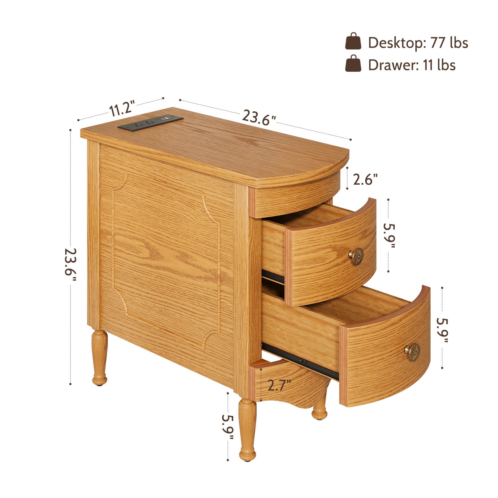 Vividwood Wood End Table with Charging Station, Narrow Side Table with 2 Drawers and Solid Wood Feet, Light Walnut