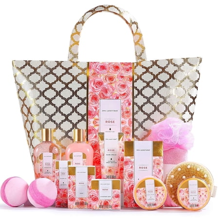 Spa Baskets Gift Sets for Women - 15 Pcs Rose Luxury Bath Relaxing Home Spa Kit Birthday Gifts Bag for Mom