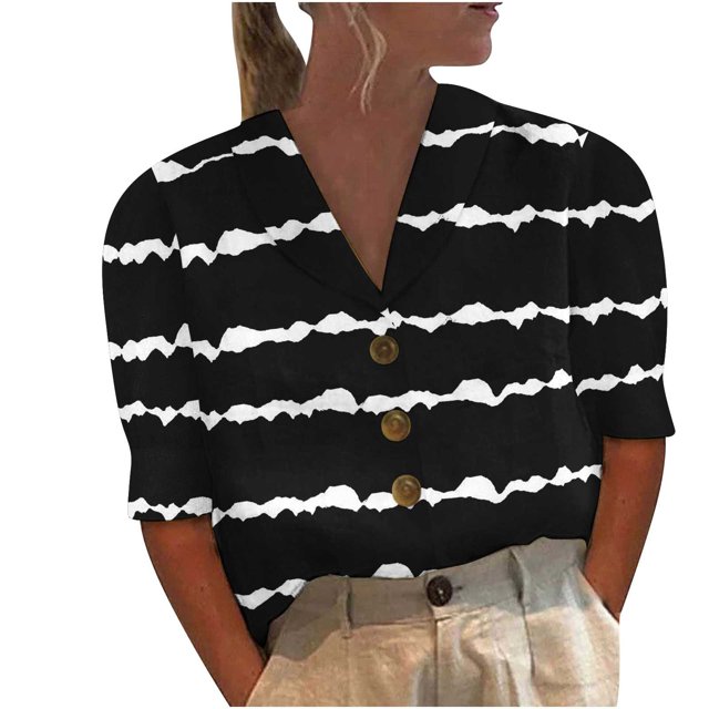Birdeem Women Mid-Sleeve Casual V-Neck Solid Color Loose Button Shirt Blouse Tops
