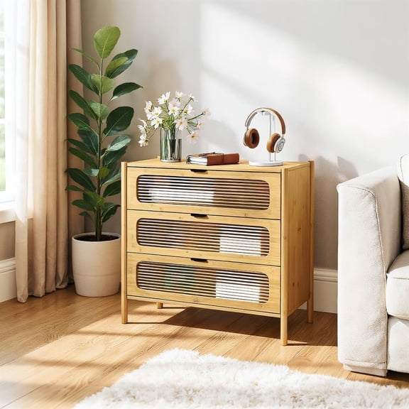 Topcobe 3 Drawer Mid Century Modern Chest of Drawers with Reeded Tempered Glass Front, Modern Furniture for Indoor, Living Room-Natural