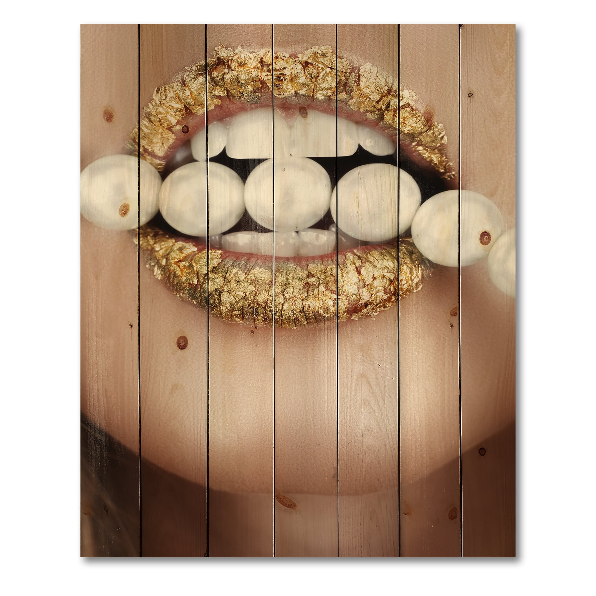 Designart 'Gold Leaf Lips Mouth With Pearls' Modern Print on Natural Pine Wood