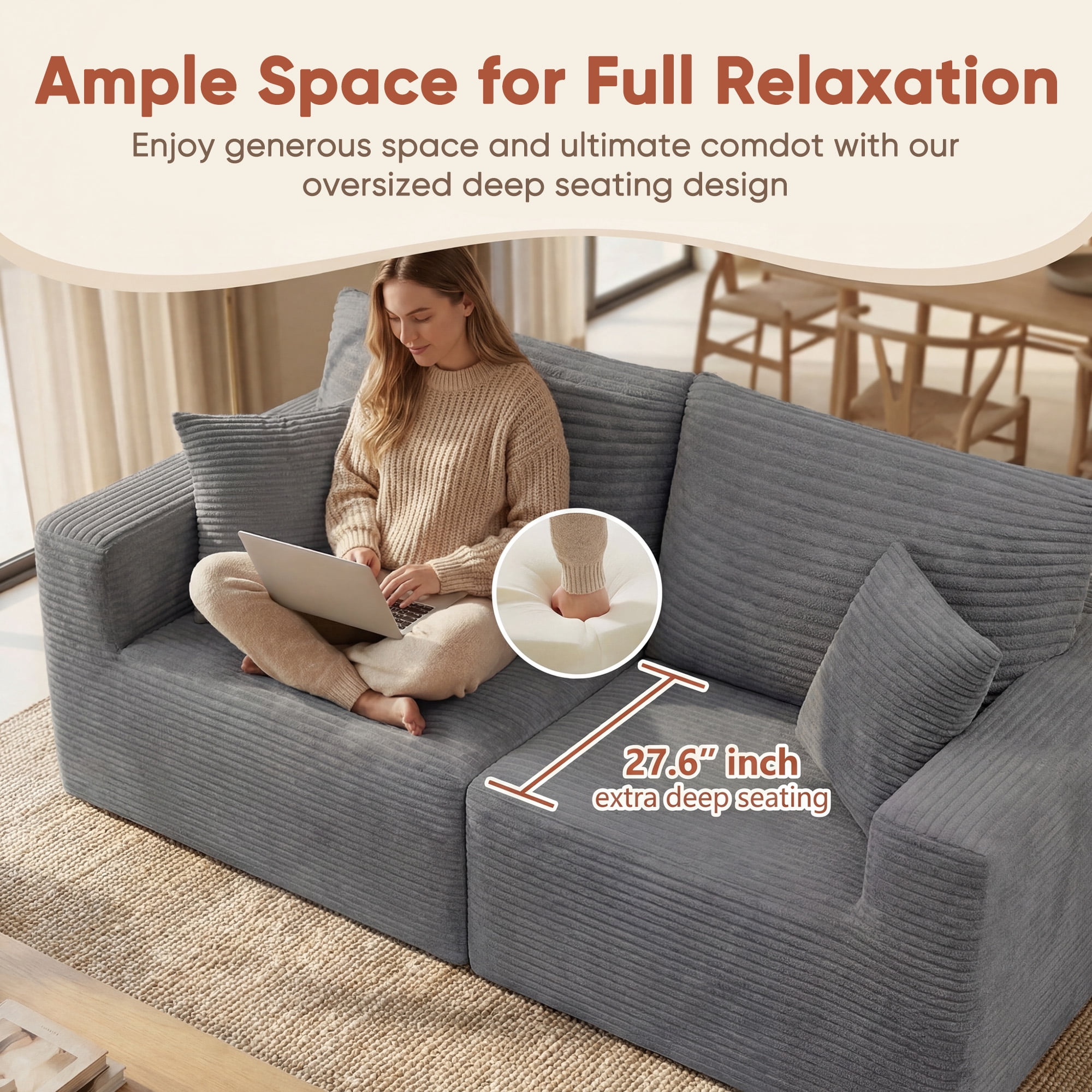 Homall 2-Seat Modular Corduroy Sofa, Sectional Couch with Convertible Modules, Modern Minimalist Sofa Set for Living Room, Freely Combinable Sofa Furniture, Grey