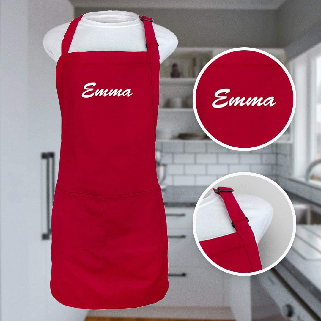 Cotton/Poly Bib Apron Adjustable with Two Front Pockets Kaufman Add a Name Embroidered Design RED Personalized Apron 
