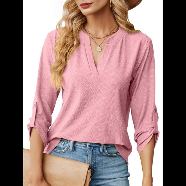 Blusas Elegantes e Informales para Mujer, Camisetas de 3/4 con Cuello en V y Mangas Enrollables. Rosa M