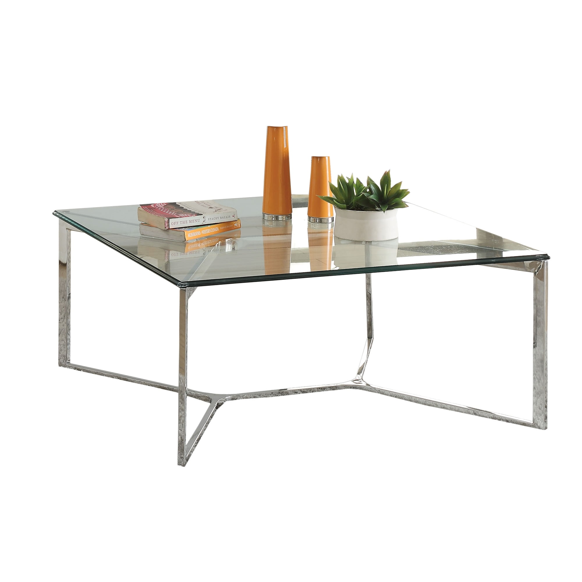 Square Glass Top Coffee Table with Geometric Base, Silver and Clear